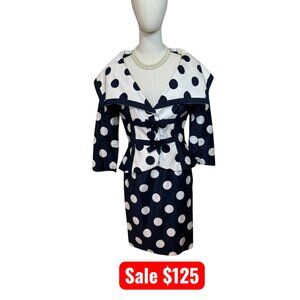 Victor Costa Vintage Navy & White Polka Dot Skirt Suit | 1980s Size:4